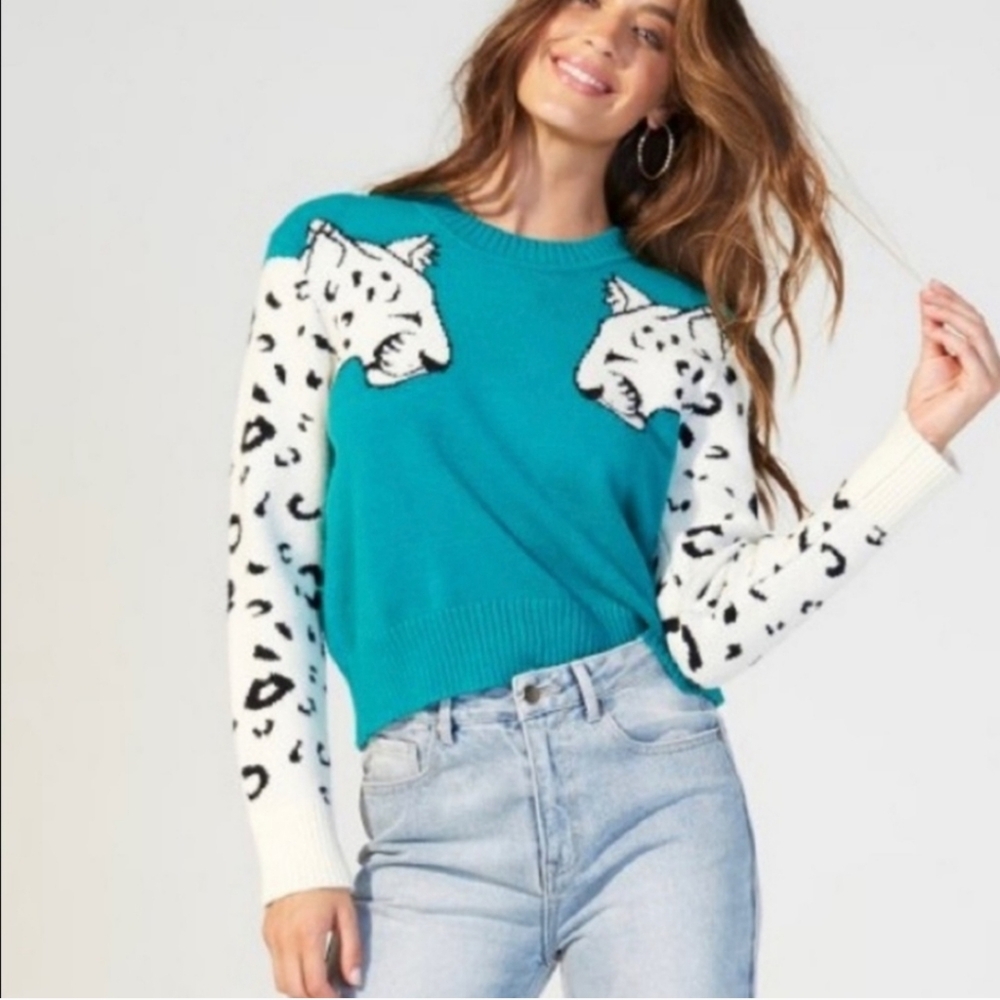 MINKPINK Teal and White Snow Leopard Sweater